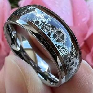 New Stainless steel woodgrain 8mm Steam punk gears ring